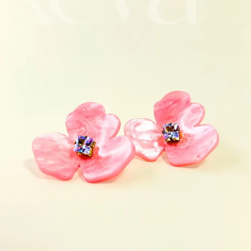 Pink flower stud earrings