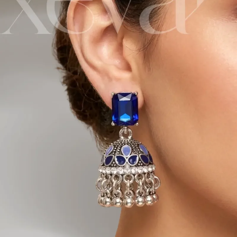 small jhumka earrings - silver- blue